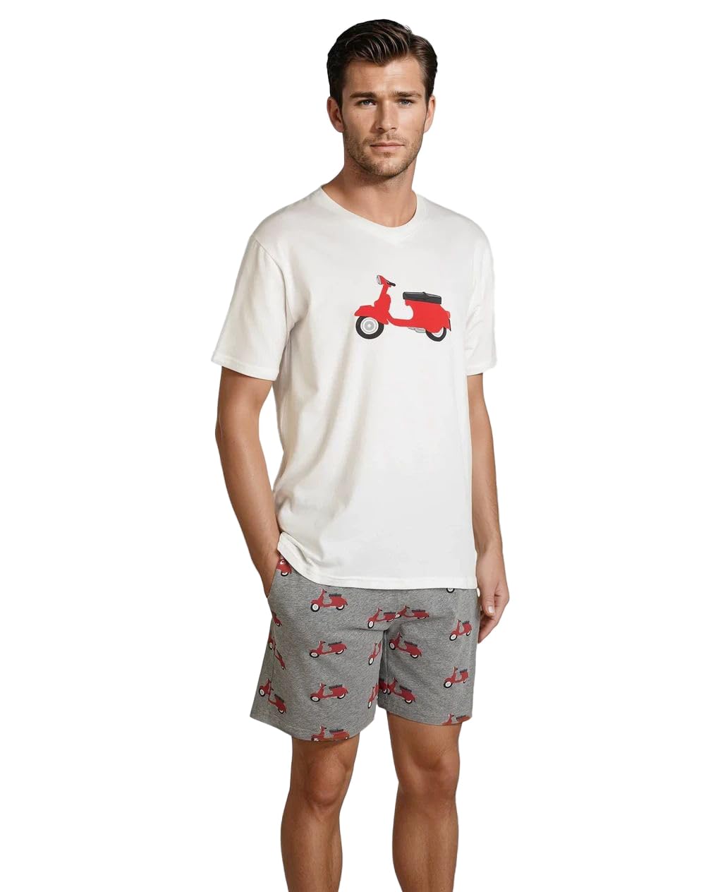 alber's - Conjunto de 2 piezas | Pijama de verano para hombre con camiseta con impresión de manga corta y pantalones cortos a juego, algodón elástico