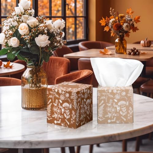 Image of Fourluoo 12 Pack Thanksgiving Fall Floral Line Art Facial Tissues, 600 Print Sheets 3-ply Autumn Botanical Cube Boxes, Small Square Tissues Bulk for Thanksgiving, Car, Bedroom & Party Supplies
