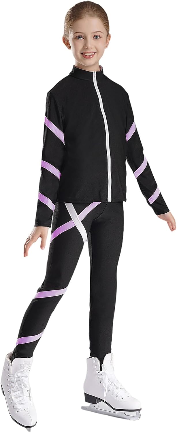 Loyan Girls 2Pcs Tracksuit Yoga Workout Figure Skating Jacket with Practice Leggings Gym Training Suit
