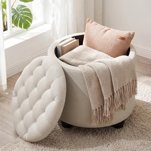 Image of Ckaff Storage Ottoman, 48cm Round Footstool with Padded Seat and Removable Lid, Button Tufted Ottoman Storage Box with Sturdy Legs for Living Room, Bedroom, Dining Room, Linen, Beige