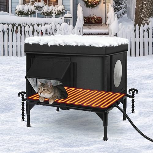 Heated Outdoor Cat House Weatherproof with Heating Pad, Heated Cats House for Outside, Insulated...
