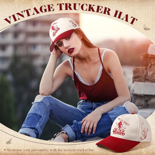 Image of JaGely Two Tone Western Cowboy /Cowgirl Trucker Hat for Women Men Gift Vintage Embroidered Country Baseball Cap