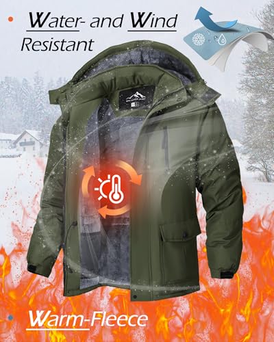 Tansozer Winterjacke Herren Warm Wasserabweisende Regenjacke Gefüttert Wanderjacke Atmungsaktiv Winddicht Ski Jacke Winter, Armeegrün, L