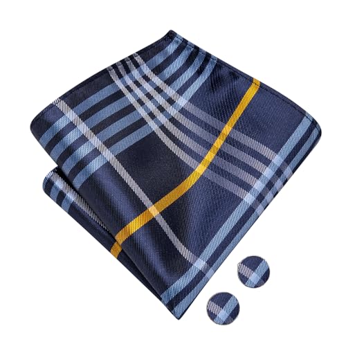 Image of Hi-Tie Plaid Blue Orange Bow Ties for Men Handkerchief Lapel Pin Cufflinks Mens Bowtie Sets for Wedding Formal Party