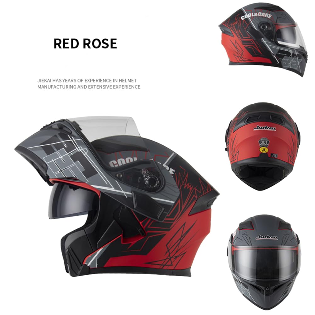 Casco per motociclette a viso pieno, coperchio ribaltabile, casco modulare per motociclette con doppi parasole, per uomini e donne adulti approvato dalla ECE (Rosso (rosa), L)