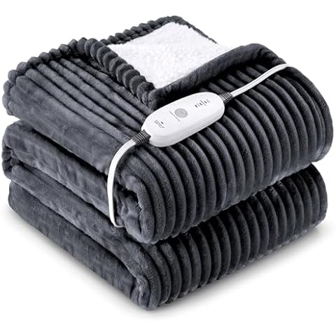 HYLEORY Heated Blanket Electric Throw 50"x60", Soft Flannel Sherpa Heater 3 Heat Settings and 4 Hours Auto Shut-Off Heating Blanket ETL Certification Over-Heat Protection Machine Washable,Dark Grey Cover