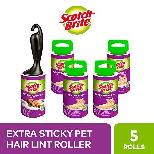 Scotch-Brite Pet Extra Sticky Fusselrolle für Tierhaare, 48 Blatt, 5 Rollen mit 1 Abroller, 240 Blatt pro Packung - Extra Klebrige Fusselrolle für Kleidung, Haare, Katzenhaare, Hundehaare