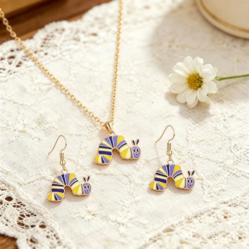 Dreuyet Caterpillar Earrings Necklace Set for Women Cute Green Caterpillar Charm Pendant Cartoon Animal Aesthetic Earring Jewelry Gifts (Purple Yellow) by Dreuyet - Used condition - Image 3