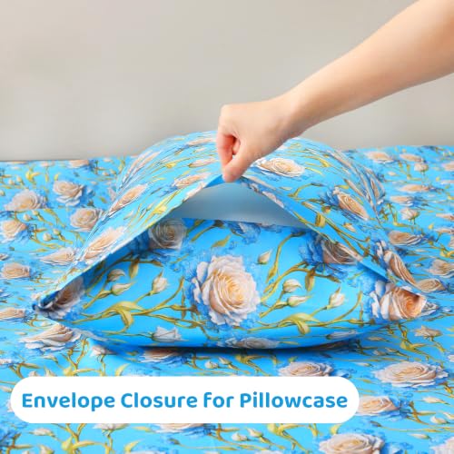 Image of Mooreeke Cozy Floral Microfiber Printed Twin Sheet Set - Soft & Breathable 3D Rose Bed Sheets with Deep Pocket - Non-Slip Fitted Design - Blue White Rose Pattern - Queen