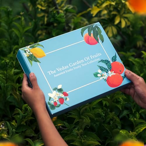 The Vedas garden of Fruits Premium Herbal Tea Selection Gift Set Box Ideal Gifts For Women & Men, Birthday, Anniversary & Self-Care Eco-Friendly | 24 handstitched cotton teabags | 6 different flavours