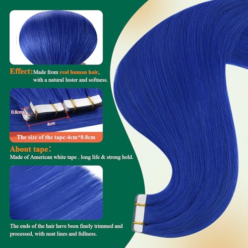 Image of Easyouth Tape in Hair Extensions Real Human Hair Blue Seamless Tape in Hair Extensions Human Hair Colored Tapes in Hair Extensions Real Human Hair 16 Inch 25G 10Pcs