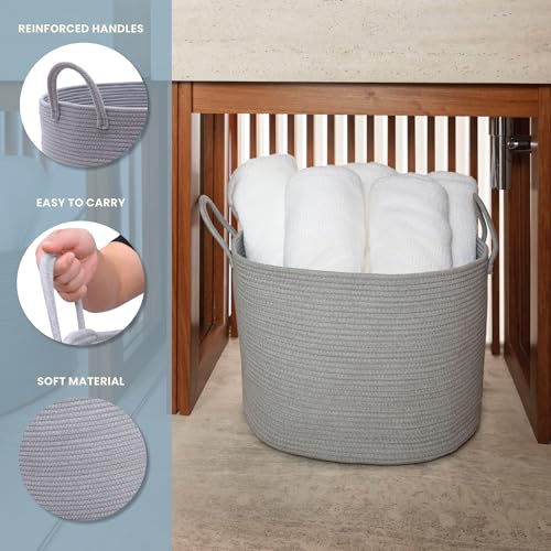 Image of OrganiHaus Round Toy Basket & Blanket Basket, Cotton Rope 20x13 inch | Full Gray - Round Cotton Rope Basket, 20x13 inch