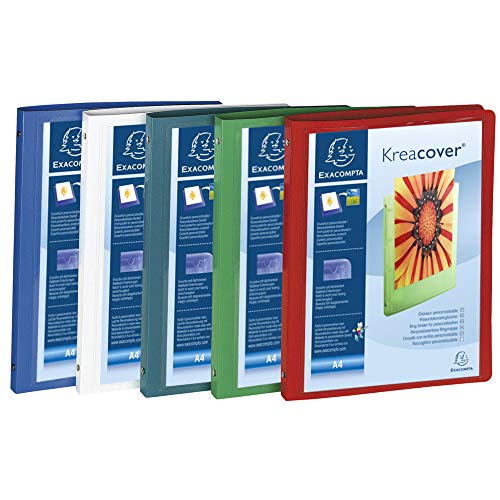 Exacompta - réf. 51989E - Carton de 5 classeurs PP souple personnalisables 1 poche - 4 anneaux ronds diamètre 15 mm - Dimensions extérieures : 32 x 25 cm - Format à classer A4 - 5 couleurs assorties