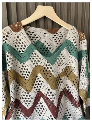 GORGLITTER Women's Hollow Out Floral Crochet Sweater V Neck 3/4 Sleeve Boho Summmer Knitwear Tops Apricot# 01 Medium3