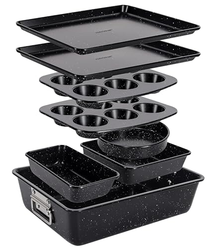 NutriChef Backformen Set 8-teilig – Stapelbar, Antihaft Auflaufform, Brotbackform, Backblech, Muffin Backform, spülmaschinenfest, ofenfest bis 230°C, Schwarzer Marmor