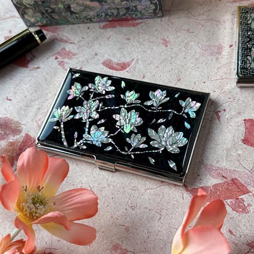 Image of Mother of Pearl Business Card Case Credit Id Name Holder Travel Wallet Art Painting Design Metal Stainless Steel Engraved Slim Purse Pocket Cash Money Wallet (N Magnolia)