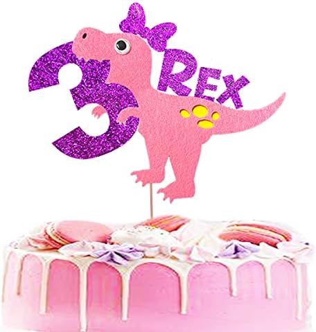BEOXAGAR Three Inspired rex cake topper Dinosaur Cake topper,Baby Girl Dinosaur Cake Topper,Dinosaur 3 Years Old Birthday Party Supplies Pink Dinosaur Cake Toppers
