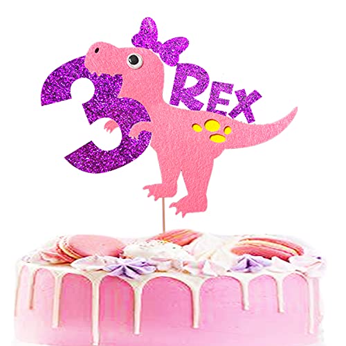 BEOXAGAR Three rex cake topper,Party Dinosaur Cake topper,Baby Girl Dinosaur Cake Topper,Dinosaur 3 Years Old Birthday Party Supplies. Pink Dinosaur Cake Toppers Three Rex.