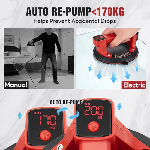 Image of 8 inch Electric Vacuum Suction Cup Lifter, 440 lbs Heavy Duty Vacuum Suction Cup with Digital Display, Glass Suction Cups to Lift Large Glass, Tile Suction Cup Tool for Glass, Tile, Ceramic, Windshield