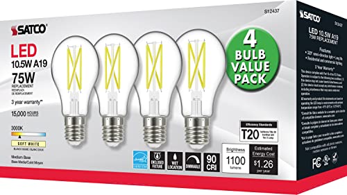 Image of Satco S12437, A19 LED Light Bulbs, 75W Replacement, 3000K, 4-Pack, LED Lamp | Dimmable, 320 beam spread, 15,000-hour life, E26 medium base, Warm white illumination