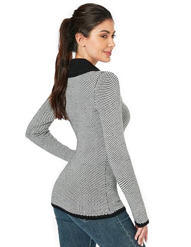 AmélieBoutik Women Color Trim Collar V Neck Long Sleeve Plaid Knit Sweater Tops4
