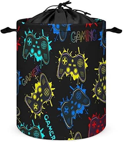 Gamer Play Gaming Laundry Basket With Drawstring, Colorful Controller Collapsible Storage Basket Boys Kids Room Laundry Nursery Hamper Bathroom