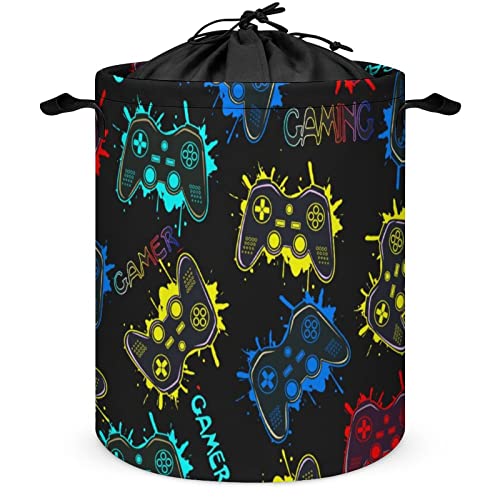 Gamer Play Gaming Laundry Basket With Drawstring, Colorful Controller Collapsible Storage Basket Boys Kids Room Laundry Nursery Hamper Bathroom #TOP26
