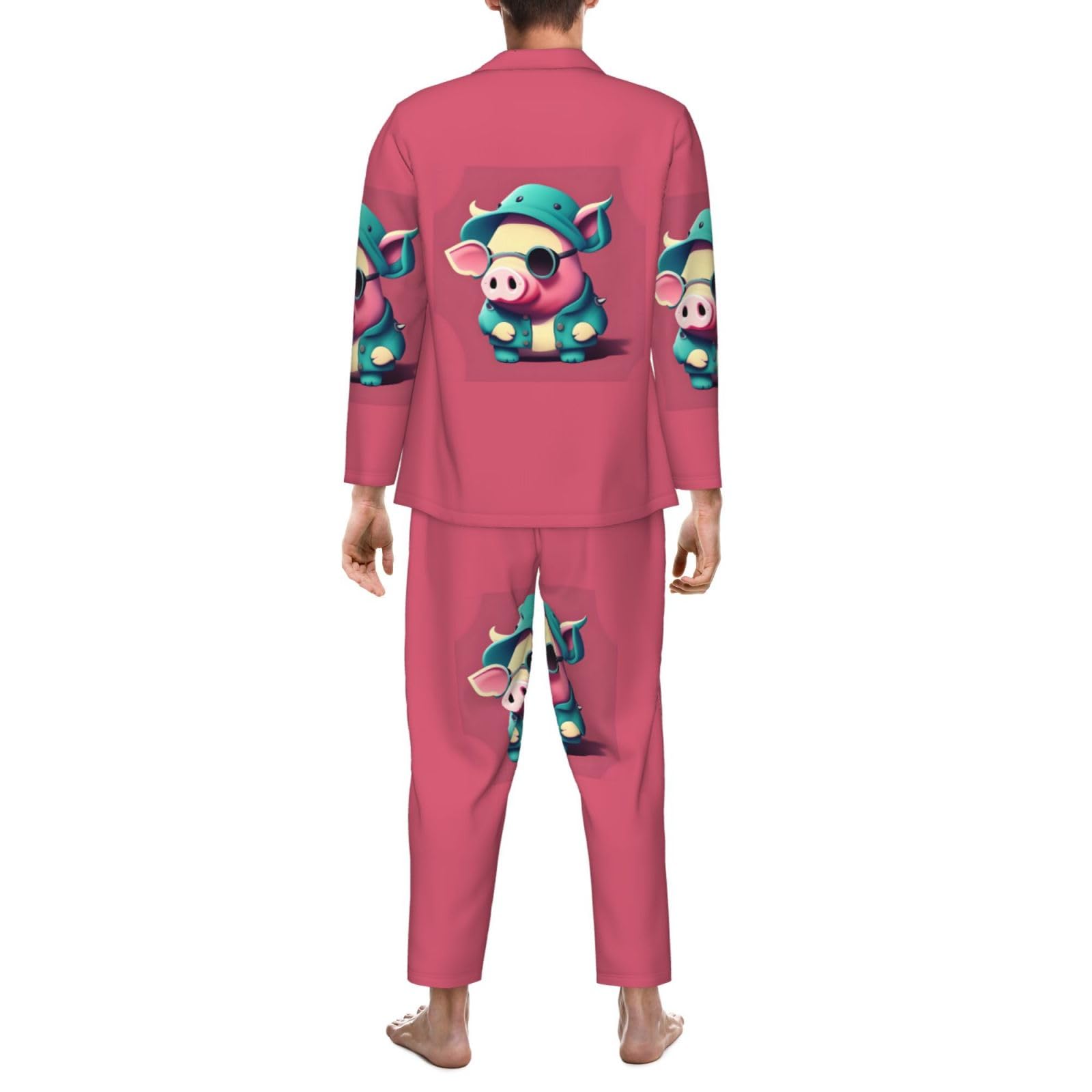 Lindo conjunto de pijama de manga larga para hombre, con estampado de cerdo, traje de dos piezas, transpirable, acogedor, ropa de descanso para el fin de semana