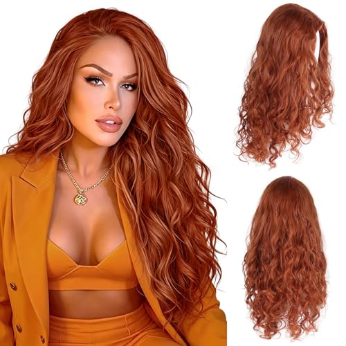 Image of 30 Inch Long Copper Red Curly Wig with Bangs Merida Costume for Women