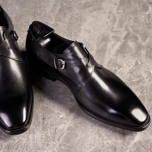 Mens Cowhide Single Layer Buckle Strap Slip on Loafer Cap Toe， Leather Oxford Business Casual Comfortable Dress Shoes for Men3