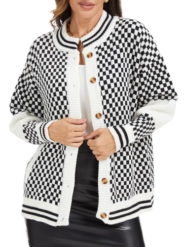 Checkerboard Knit Cardigan for Women Fall 2025 Drop Shoulder Button Front Black and White Sweater with Pockets