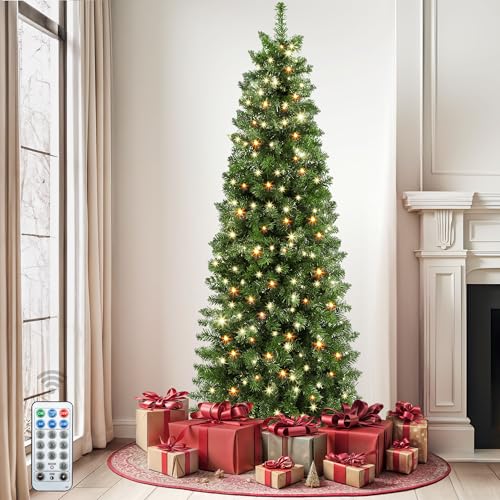 DWVO Prelit Christmas Tree 7.5ft Carol Pine with 45 Pine Cones & 48 Red Hollies, Atificial Tree with 400 LED Lights, Full Green Xmaxs Trees with 1200 PE & PVC Branch Tips & Stand Remote Cont