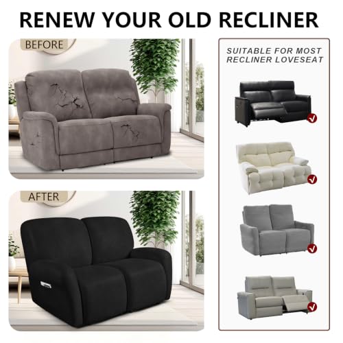 Image of ANARACHON Leather Look Loveseat Recliner Covers Stay in Place 6-Piece Recliner Sofa Slipcover 2 Seater Reclining Couch Cover Furniture Protector Spandex Fabric Washable (Recliner Loveseat,256Black)