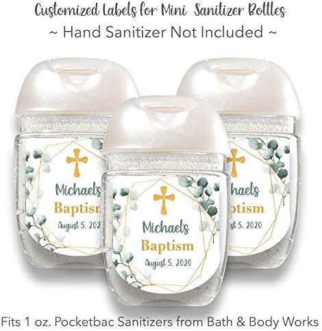Set of 30 Customized Baptism Mini Plastic Bottle Labels | Gold & Greenery  Baptism Stickers for 1 oz. Bottles | Baptism Favor Labels | HSL159