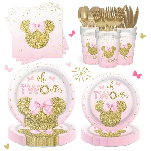 168pcs Birthday Decorations Girls 2nd Plates Napkins Party Supplies Two Years Old Paper Tableware Set Disposable Birthday Party Dinnerware Kids Serve 24 Guests