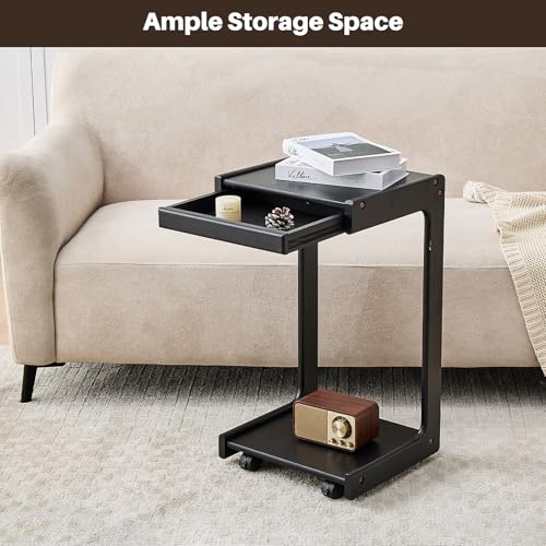 Image of Uniclinens Rolling Side Table for Sofa - C Shape Couch End Table with Wheels, Mobile Wooden Slim Sofa Tray, Movable Small Couch Desk for Living Room Bedroom, Black