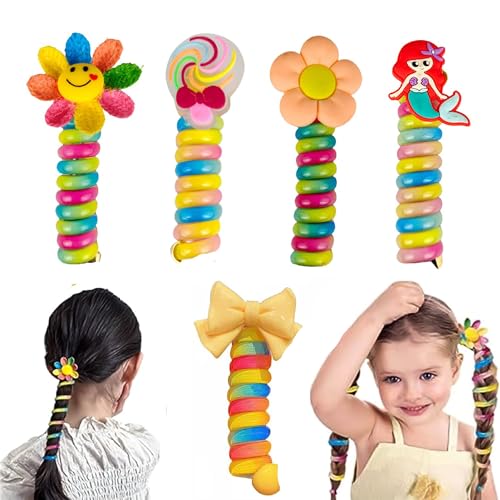 Image of BIRDWARE Rainbow Pack of 5 Colorful Telephone Wire Spiral Hair Ties with Cute Cartoon Designs - Elastic, No-Crease Bands for Kids and Women