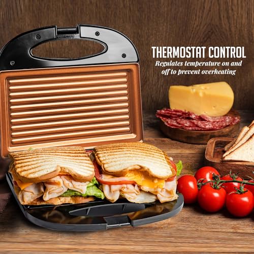 OVENTE Electric Panini Press Grill with Nonstick Plates, LED Indicator Lights, Thermostat Control, Compact Sandwich Maker Perfect for Cooking Breakfast, Steaks, Eggs Snacks & More, Copper GP0110CO