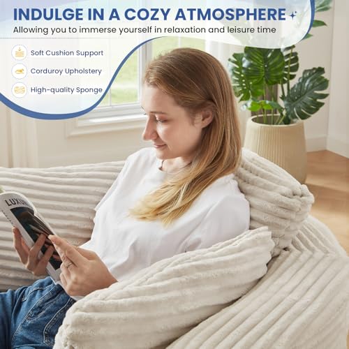Image of Antetek 48.8-inch Round Chair, Modern Accent Corduroy Comfy Deep Seat Boneless Foam Floor Single Circle Chaise Sofa Chair with 3 Pillows for Living Room Bedroom Office, No Assembly Required, White