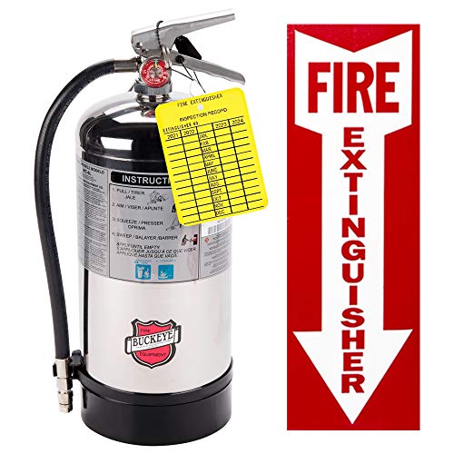 Kitchen Fire Extinguisher UL/ULC Rated Stainless Steel 6 Liter Wet Chemical Class K Buckeye with Wall Mount, Sign and Inspection Tag