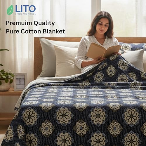 Image of LITO LINEN AND TOWEL Single Bed Solapur Chaddar 100% Cotton Blanket - Reversible Handloom Bedspread for Winter & All Seasons, Soft Breathable Cotton Bedsheet /Blanket, 60 x 90 Inch, Navy Blue Floral