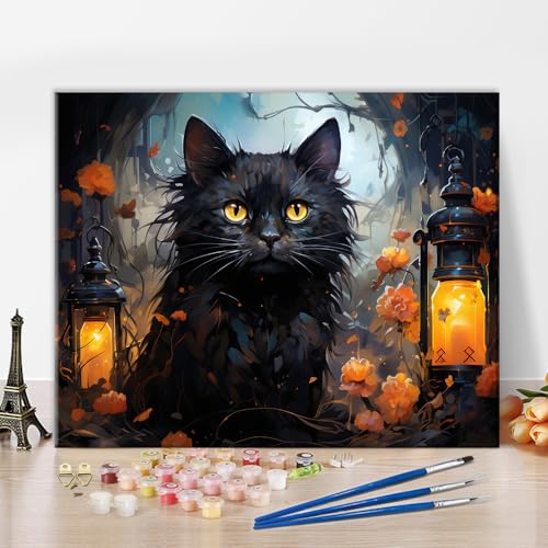 TISHIRON Kit de Pintura por Números para Adultos - Gato Negro en Lienzo - Halloween, Animales, Acrílica - DIY Artesanía para el Hogar Con Pinceles - 16'x20' (Sin Marco)