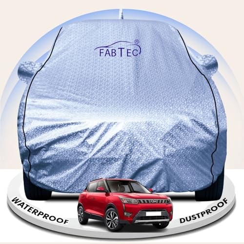 Image of FABTEC Metallic Silver Waterproof Car Body Cover for Mahindra Xuv 300 Sun, UV and Dust Protection with Mirror and Antenna Pocket (Reflective Silver with Black Piping)