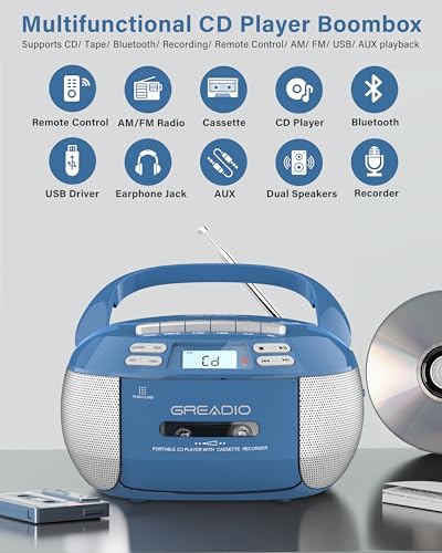 image for Greadio Boombox CD Player Cassette Player Combo, Boom Box Portable CD 