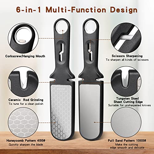 6-In-1 Knife Sharpener, Double-Sided 400/1000 Grit Diamond Knife Sharpening Stone With 3 Slots For Coarse And Fine Grinding, Multi Use Sharpening Tool For Knives Scissors (Black) #TOP4