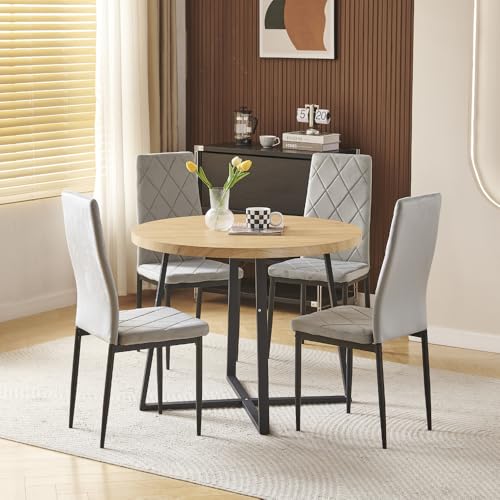 Pantanal Wood Round Dining Table and Velvet Chairs Set of 4 for Small Space, 5 Pieces Compact Kitchen Table with 4 Chairs for Dinette Restaurant