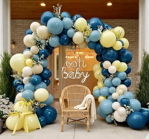 Image of Blue Yellow Balloon Arch Double Stuffed Dusty Navy Blue Light Yellow Cream White Balloon Garland Kit for Baby Shower Birthday Bridal Wedding Lemon Graduation Party Decorations