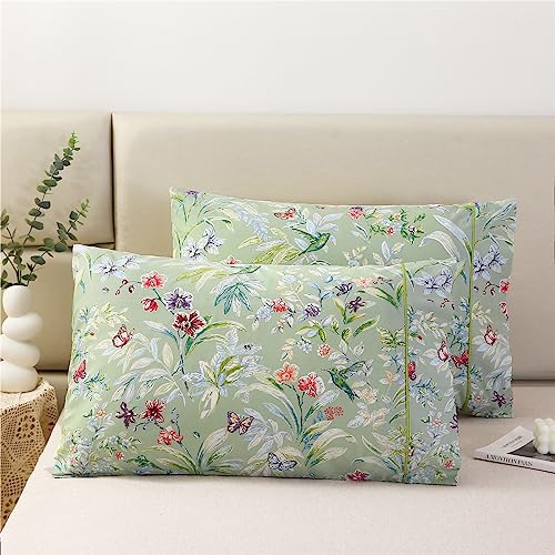 URBONUR 100% Cotton Pillowcases Set of 2 Standard Size Floral Printed Butterfly Pillow Cases Soft Breathable Cooling Pillowcase Decorative Pillow Cover (Standard, 20x26 Inches, Green Flowers)