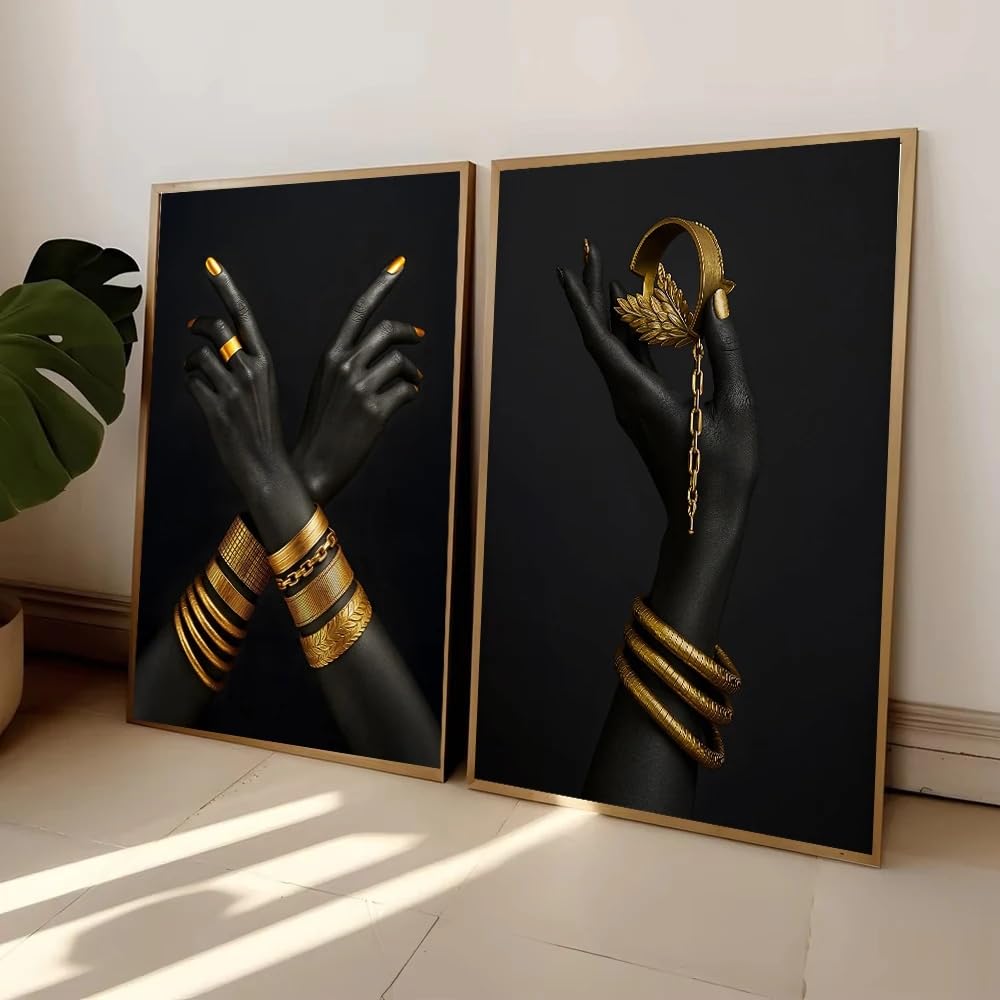 ZHUOYA Sztuka afrykańska czarno-złota biżuteria do rąk obraz na płótnie plakat i druki sztuka ścienna obrazy do salonu wystrój domu (70 * 110 x 2 cm/ramka)