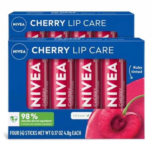 NIVEA Cherry Lip Care,Ruby Tinted Lip Balm Pack with Shea Butter,Nourishing Oils and Vitamin C &amp; E,3-in-1 Moisture,Repair and Color,0.17 Oz Stick,(Pack of 8)